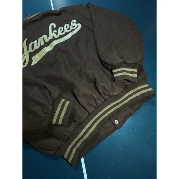 Vintage 90s Jeff Hamilton New York Yankees Wool Bomber Jacket Brown Large Flaws*